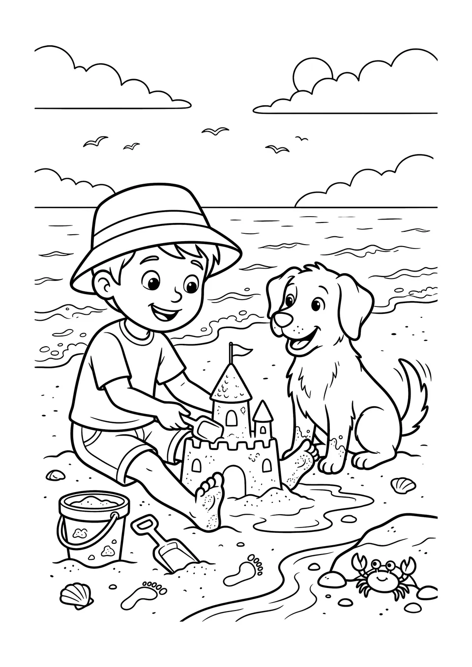 Um desenho simples em preto e branco para colorir de um menino e seu cachorro construindo um castelo de areia em uma praia ensolarada com ondas no oceano.