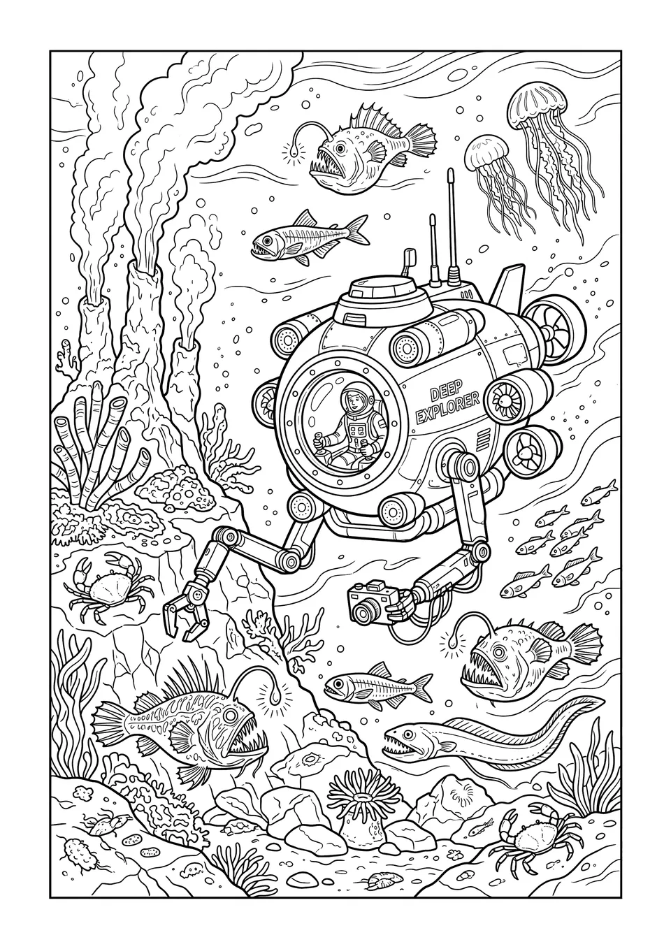Um desenho detalhado em traço preto e branco para colorir de um submersível de pesquisa explorando o fundo do oceano profundo, cercado por misteriosos peixes bioluminescentes.