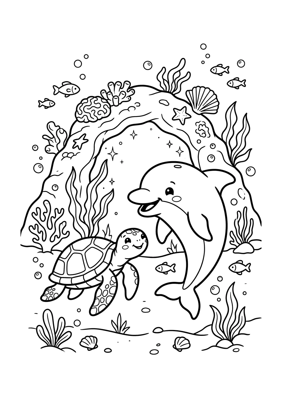 Ilustração fofa em estilo kawaii de traço preto e branco com um golfinho sorridente e uma tartaruga-marinha nadando juntos perto da entrada de uma caverna rochosa com plantas submarinas.