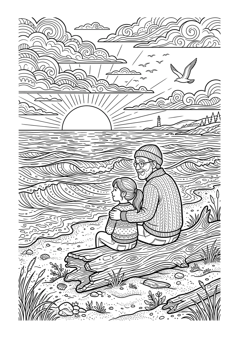Desenho detalhado em preto e branco para colorir mostrando uma menina e um senhor sentados em um tronco na praia observando o pôr do sol sobre as ondas do mar.