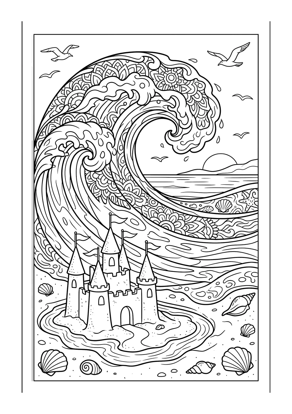 Desenho detalhado em preto e branco para colorir infantil, mostrando uma grande onda do mar quebrando ao lado de um castelo de areia na praia.