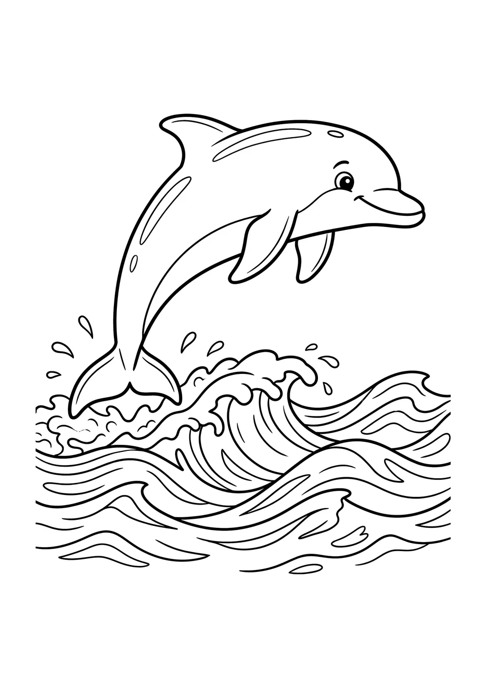Ilustração em preto e branco com traços nítidos de um golfinho saltando fora da água, feita como desenho para imprimir e colorir infantil.