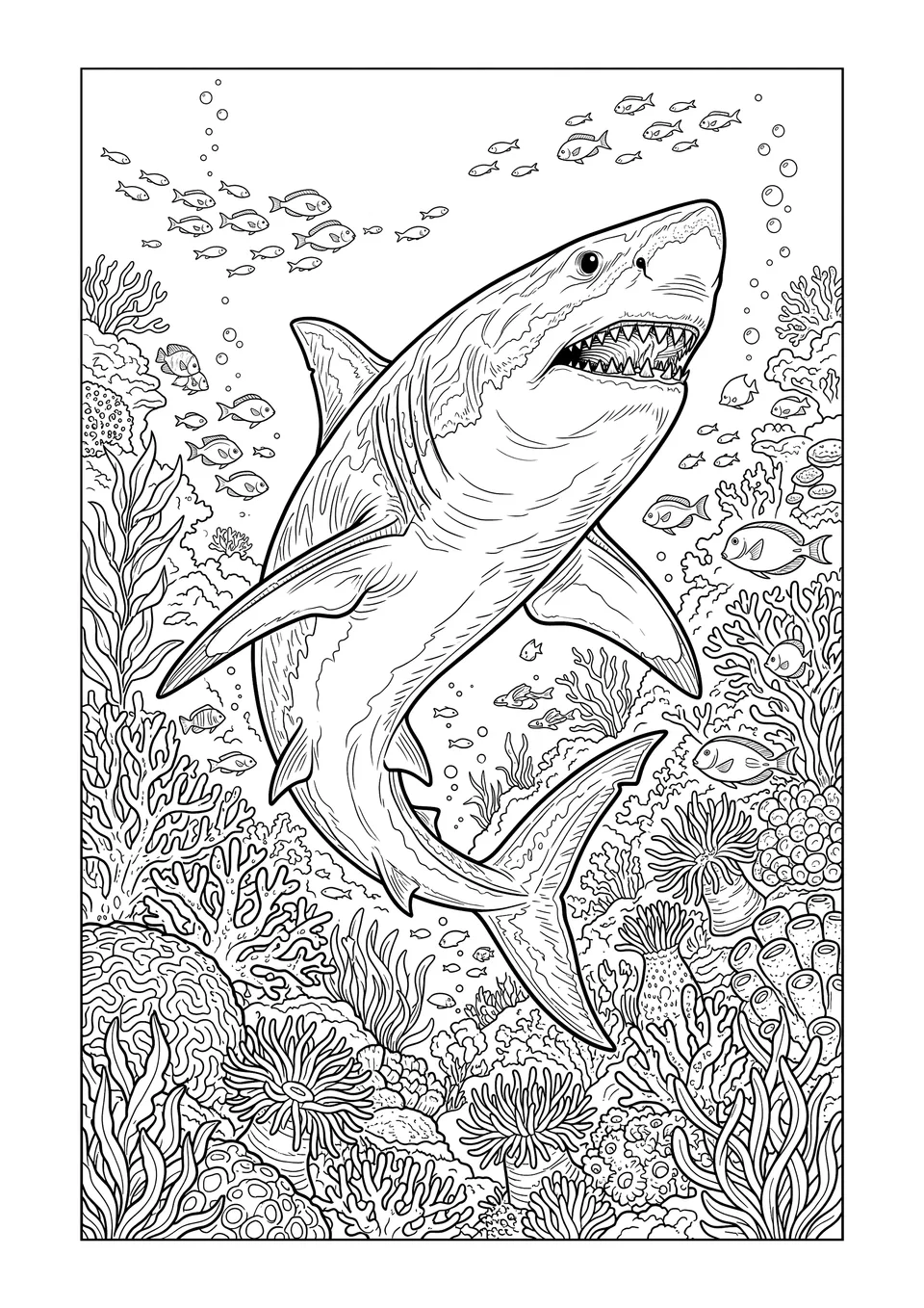 Desenho detalhado em preto e branco para colorir de um tubarão-branco nadando perto de um recife de coral com bolhas e peixes pequenos.
