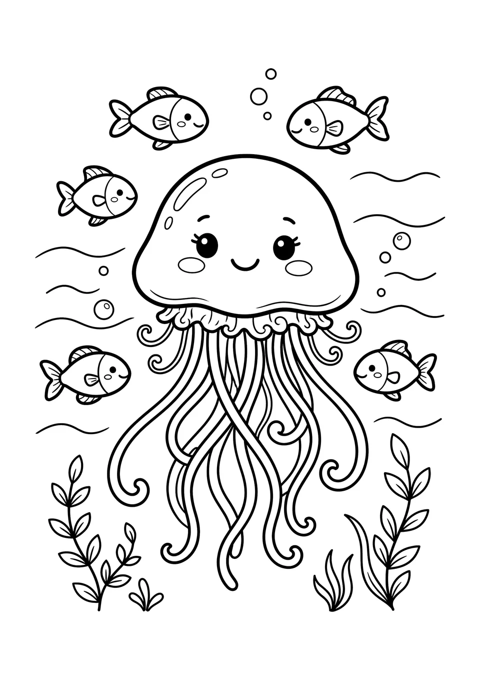 Uma linda água-viva em estilo Kawaii com longos tentáculos de fita flutuando no mar com pequenos peixes, desenho para imprimir e colorir em preto e branco para crianças.