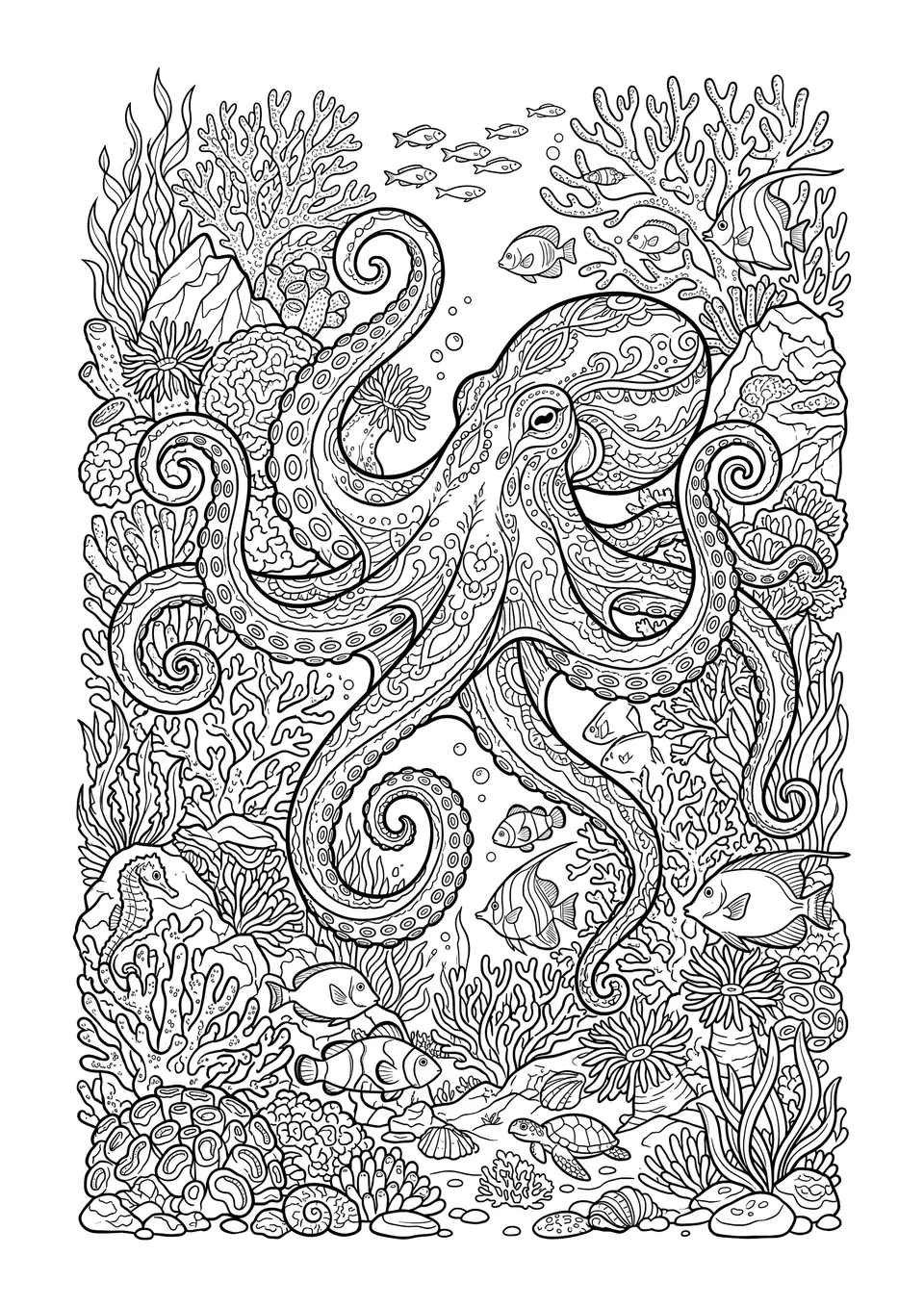 Um desenho para colorir detalhado em preto e branco de um grande polvo nadando por um recife de corais rico em detalhes.