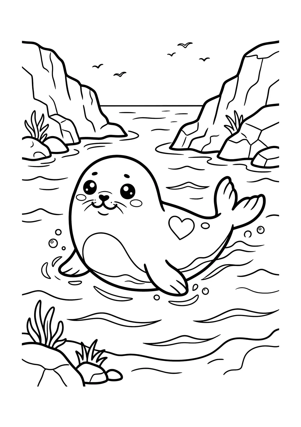 Desenho simples em linhas pretas e brancas de uma fofa foca-comum em estilo Kawaii com uma manchinha em forma de coração, feito para imprimir e colorir.