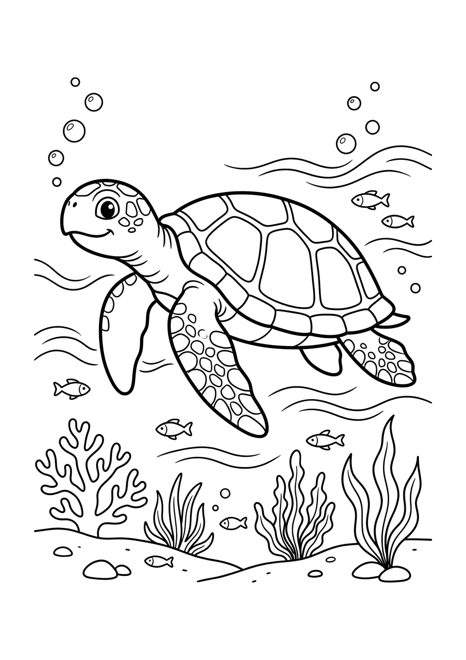 Desenho simples em preto e branco de uma tartaruga-marinha nadando na água, para imprimir e colorir.