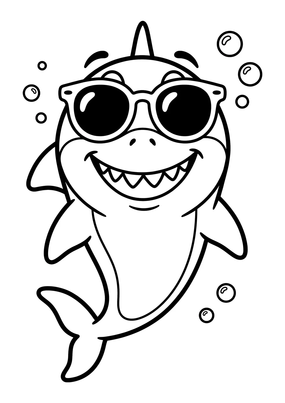 A funny cartoon shark wearing sunglasses, printable black and white line art with clear outlines for kids.