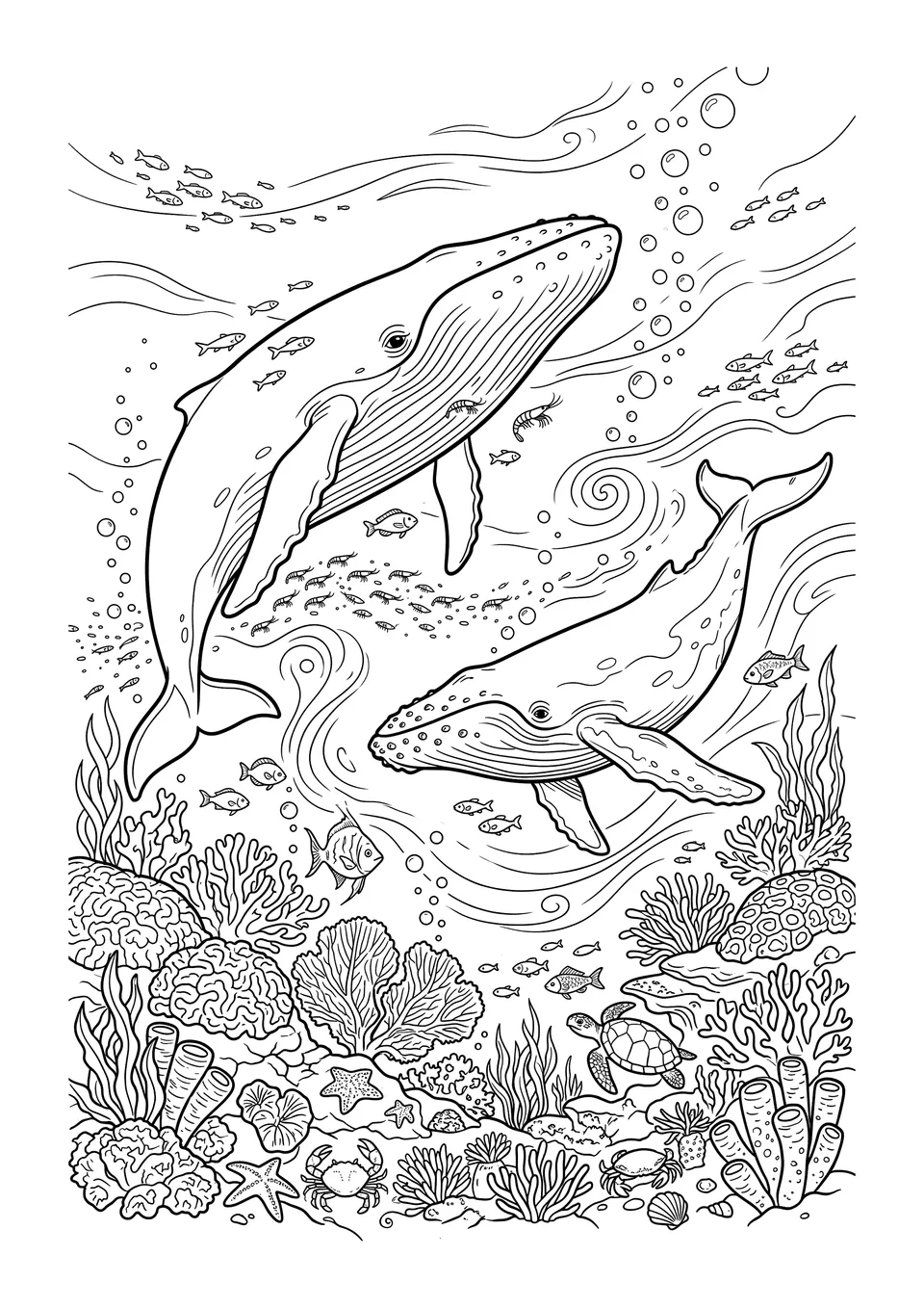Um desenho detalhado em preto e branco de uma baleia nadando perto de um recife de corais, perfeito para colorir.