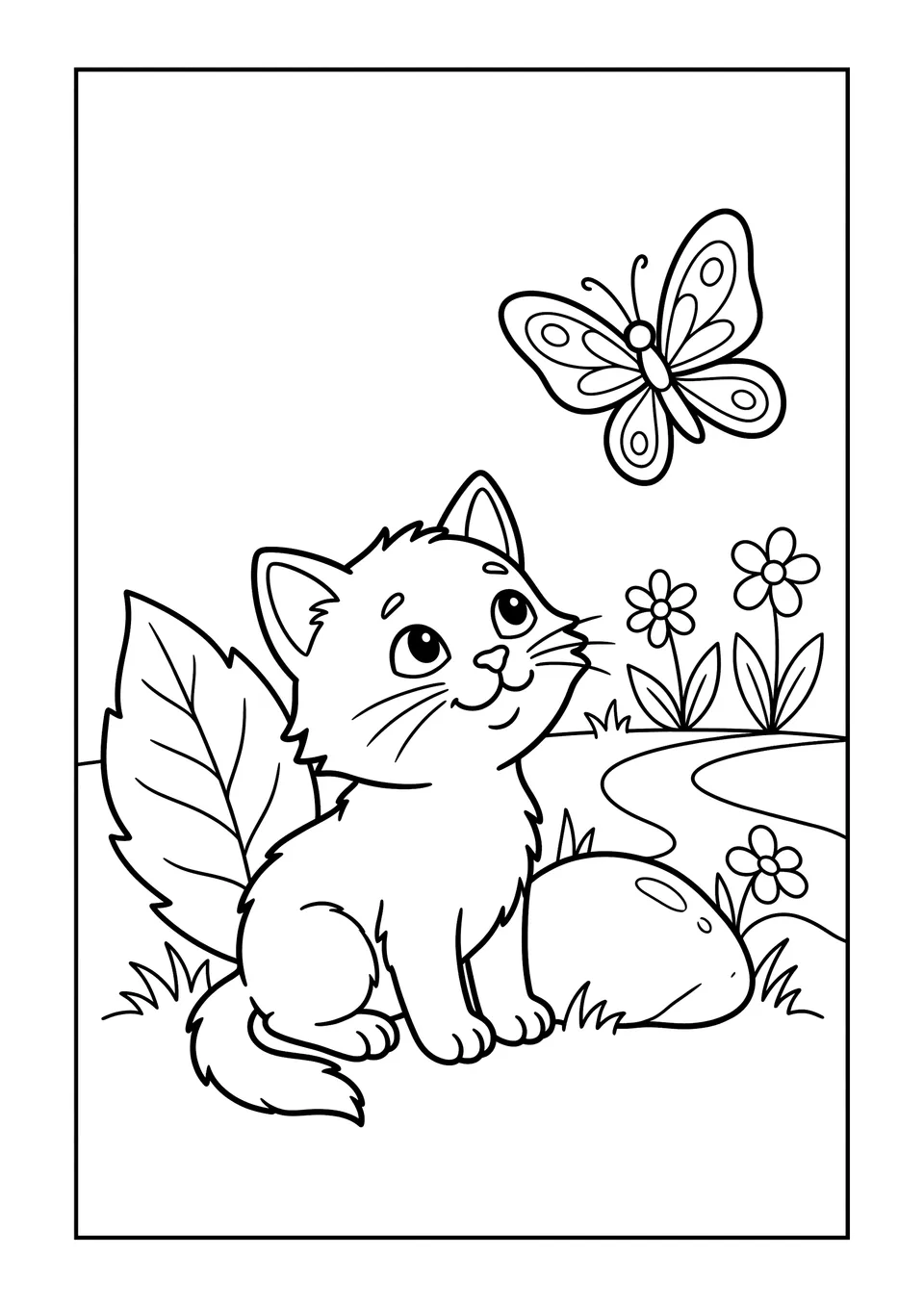 A simple black and white line art drawing of a small kitten watching a butterfly in a garden, designed for children to color.