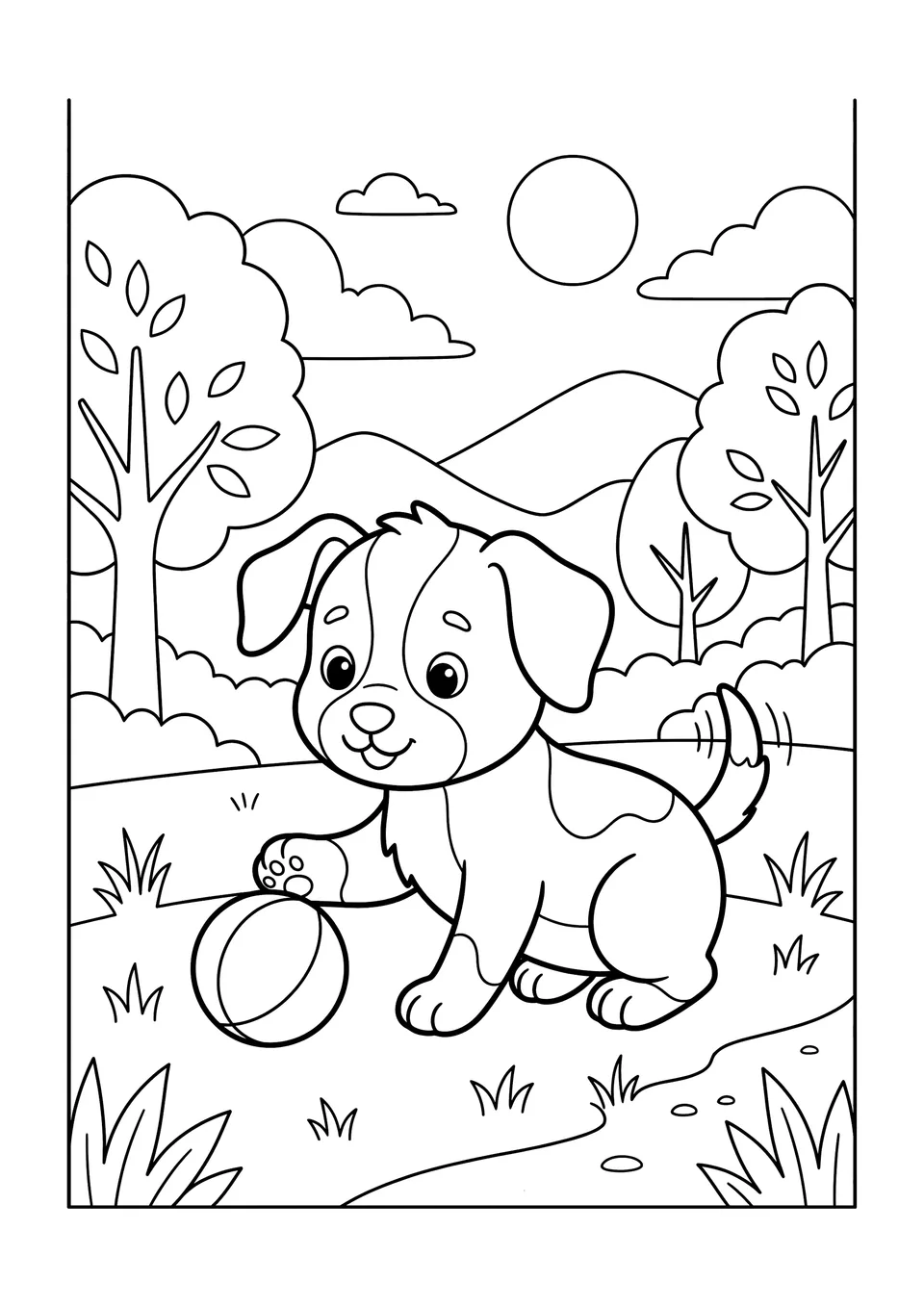 A simple black and white line art drawing of a cute puppy with floppy ears playing with a ball in a park, suitable for coloring.