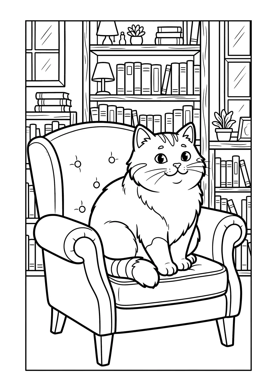 Desenho para colorir em preto e branco mostrando um gato fofo sentado em uma poltrona, cercado por pilhas de livros em uma livraria aconchegante.