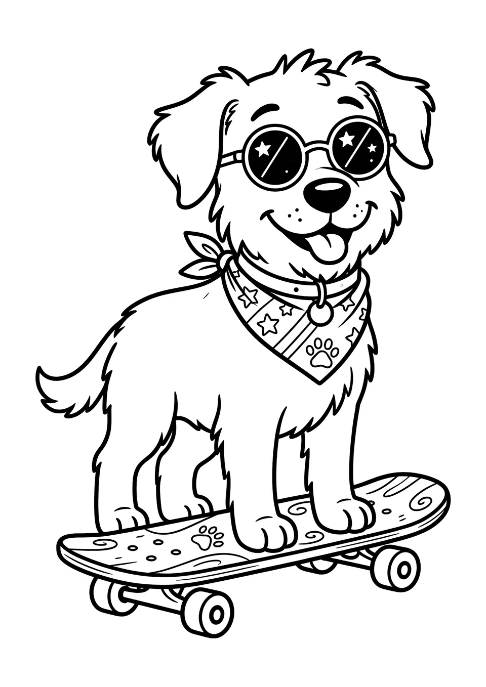 A black and white line art coloring page of a friendly dog wearing sunglasses and a bandana while riding a skateboard.