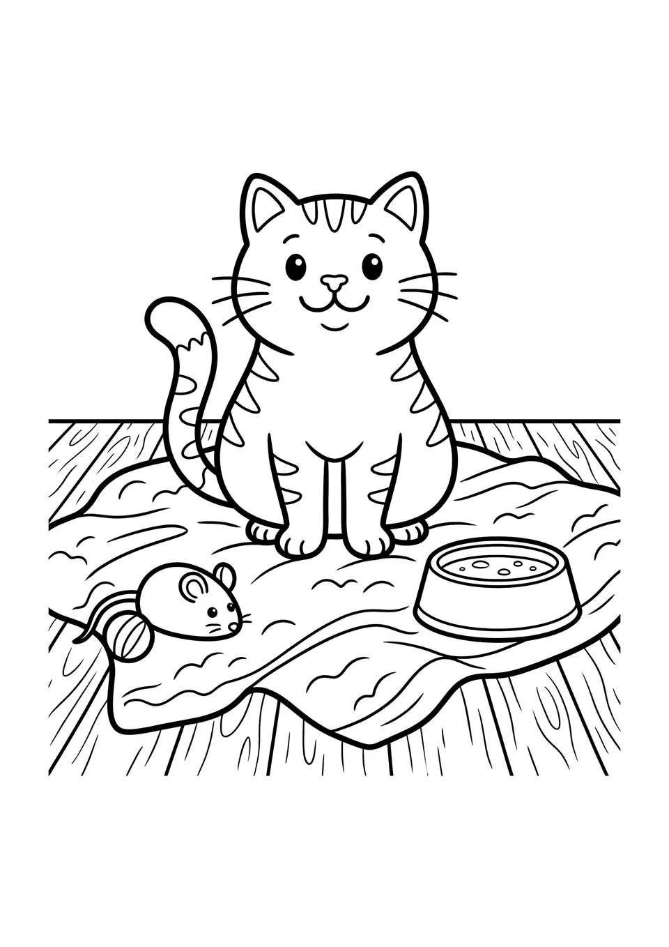 Desenho em preto e branco de um gato feliz sentado em um cobertor ao lado de uma tigela de água e um ratinho de brinquedo, pronto para colorir.
