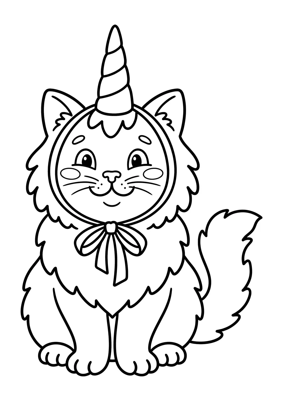 A simple black and white line drawing of a fluffy cat wearing a unicorn horn, intended for children to color.