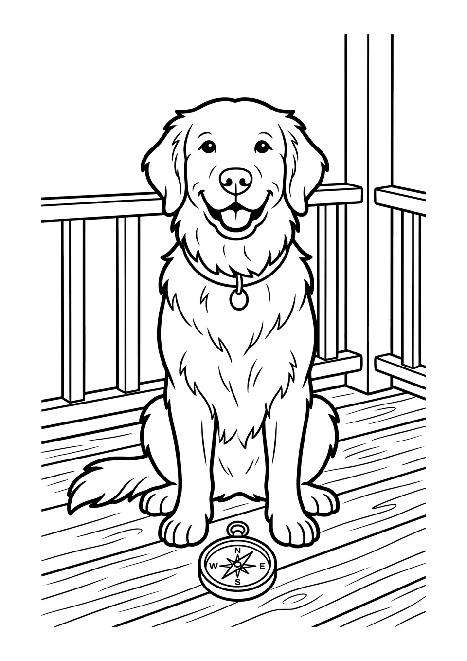 A printable black and white line art drawing of a friendly Golden Retriever sitting on a porch with a small compass.