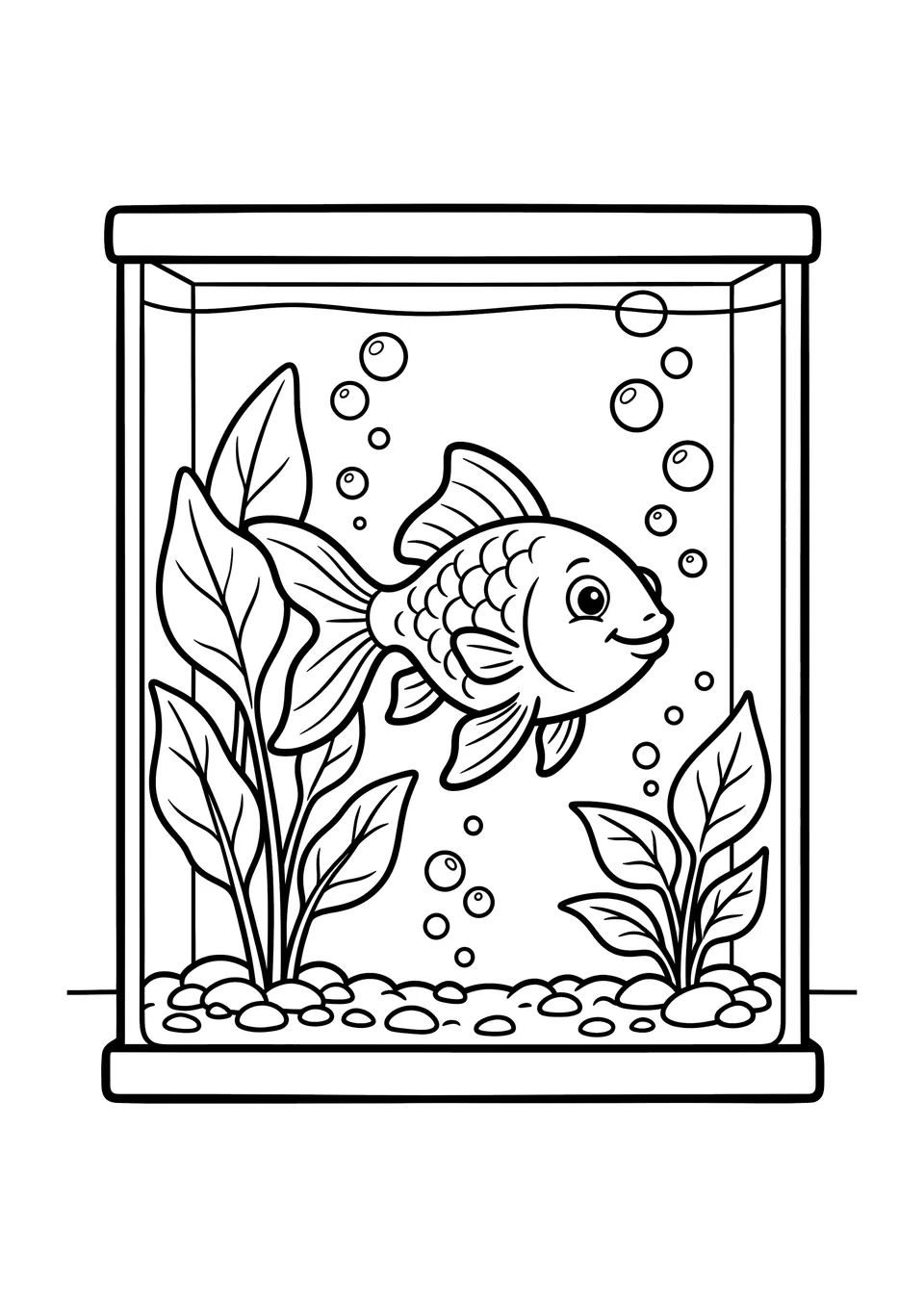 Um desenho simples em preto e branco de um peixinho-dourado com barbatanas e escamas nadando na água, feito para crianças colorirem.
