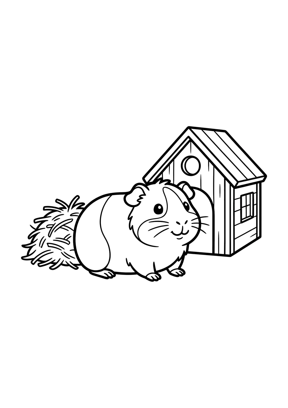 A simple black and white line art drawing of a fuzzy guinea pig sitting near a carrot and a small pet house, perfect for kids to color.