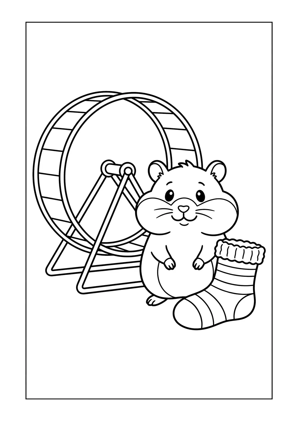 A simple black and white line art drawing of a round hamster with puffy cheeks standing next to a hamster wheel and a sock.