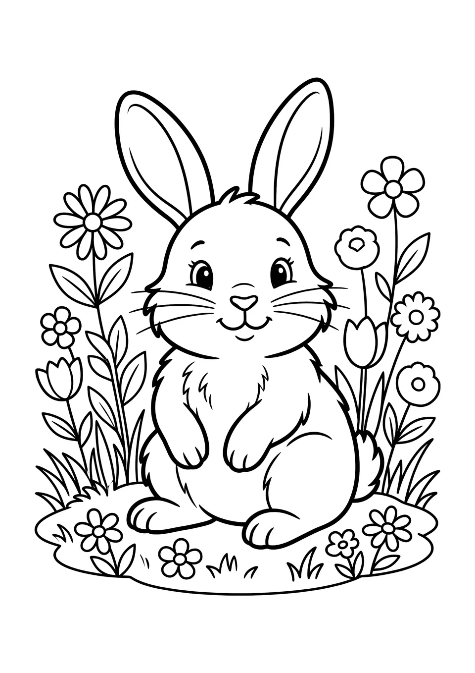 Ilustração simples em preto e branco de um coelho fofo com orelhas compridas, feita para crianças colorirem.