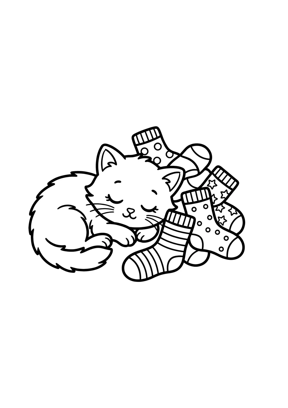 A simple black and white line art drawing of a small, cute kitten sitting by a pile of socks, designed for children to color.