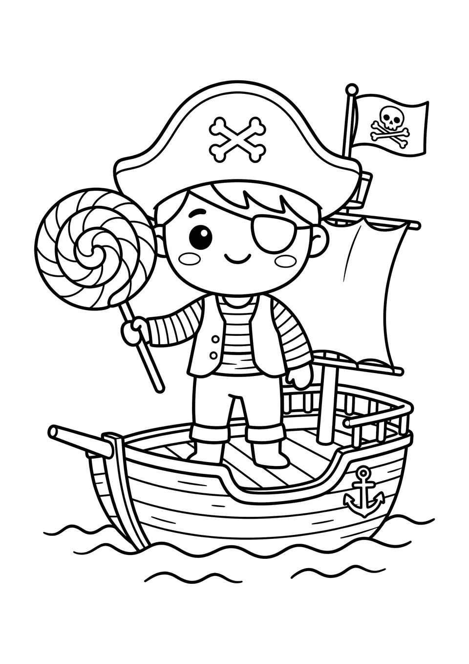 A simple black and white line drawing of a cute pirate on a ship holding a large lollipop.
