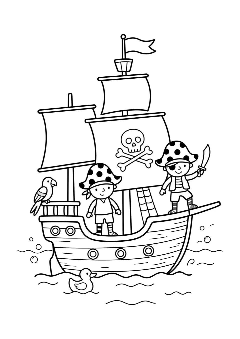 A simple black and white line art coloring page of funny pirates wearing polka-dot hats on a ship deck with a parrot.