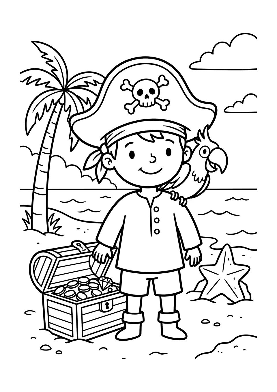 A simple black and white line art coloring page of a young pirate and a parrot standing by a treasure chest on a sandy beach.