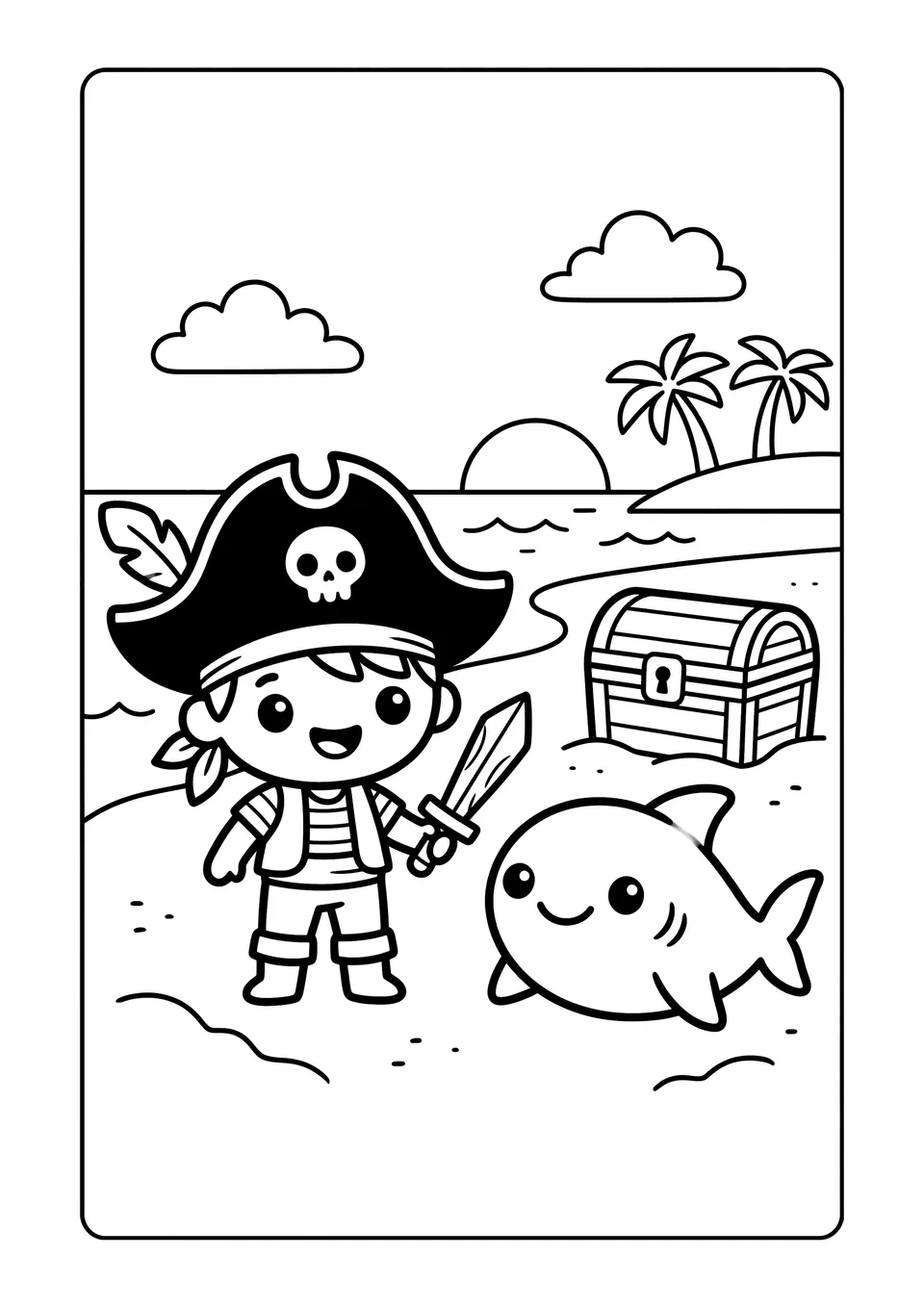 A simple black and white line art drawing of a cute pirate standing on a beach next to a smiling shark and a treasure box.