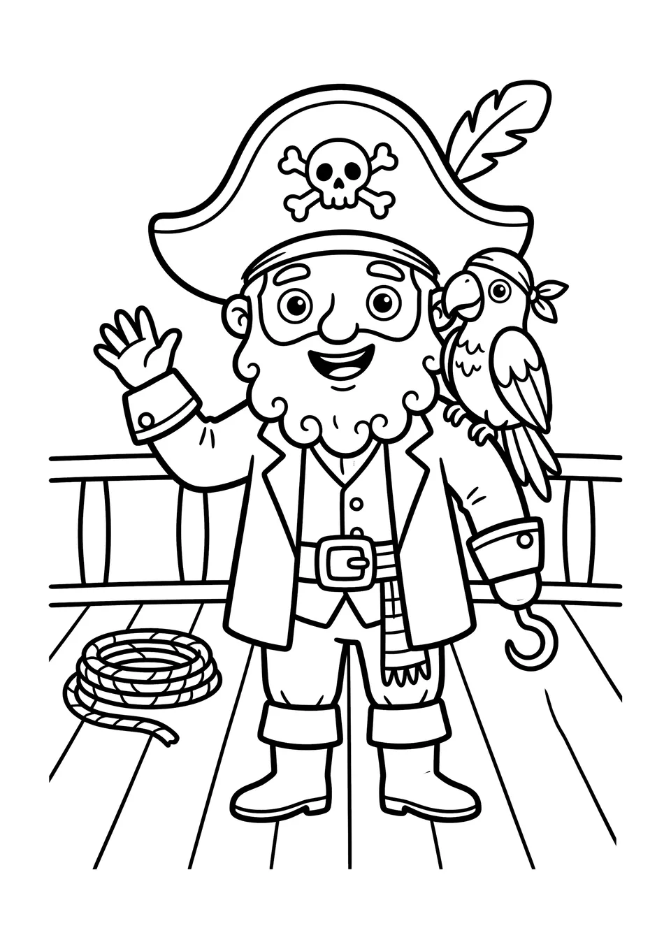 Desenho simples em preto e branco de um capitão pirata sorrindo com um papagaio no ombro, com traços grossos e espaços grandes para colorir com facilidade.