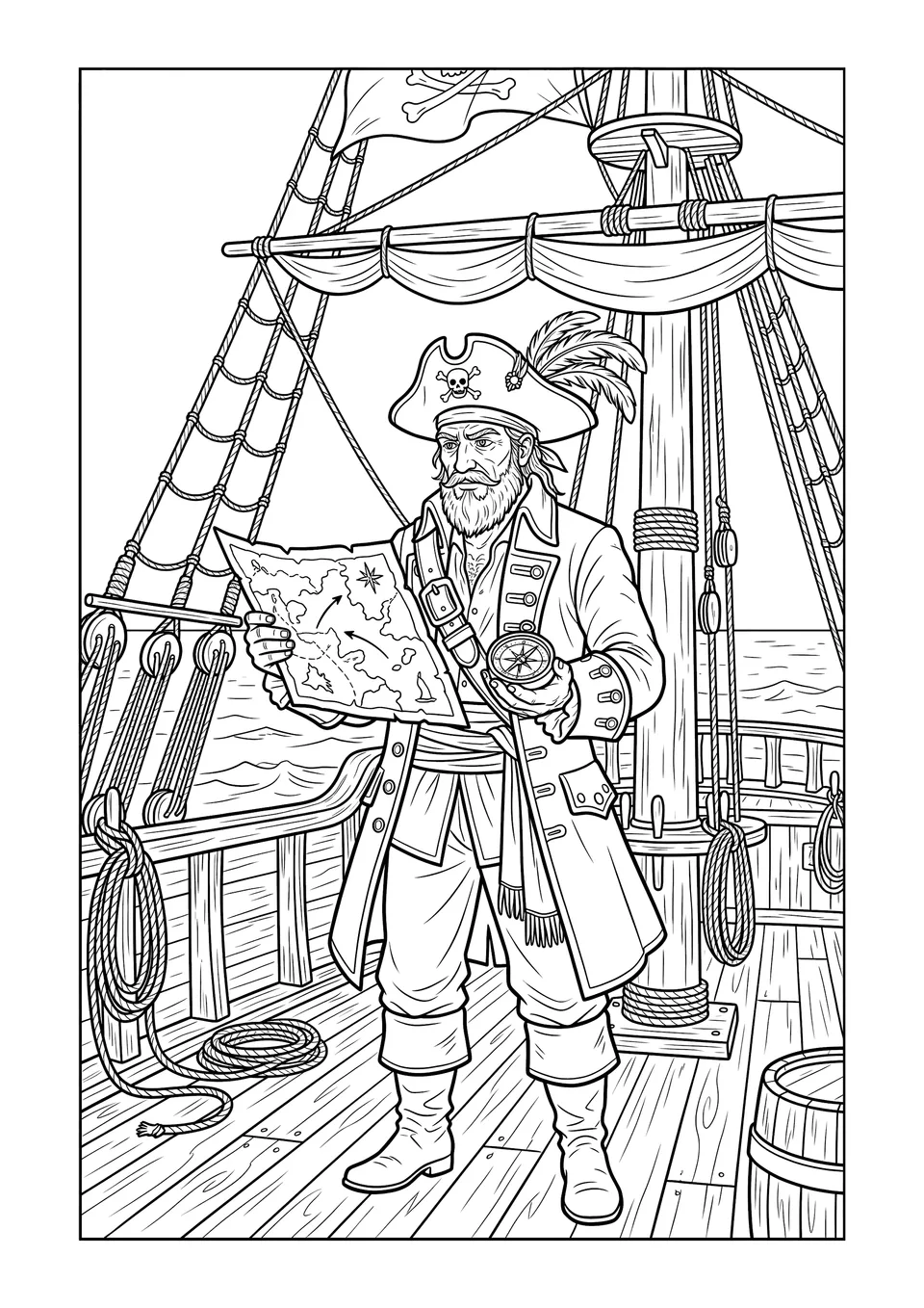 Um desenho detalhado em preto e branco para colorir de um capitão pirata no convés de um navio a vela, segurando um mapa e olhando em direção ao horizonte.