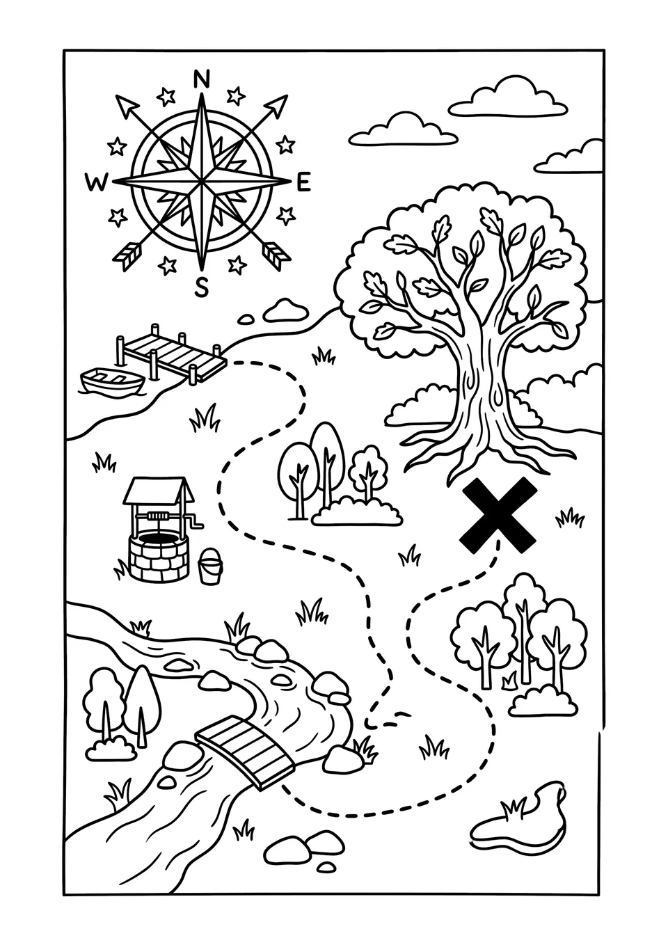 A black and white line art pirate map for kids to color, featuring a compass rose, a trail, and a treasure X.