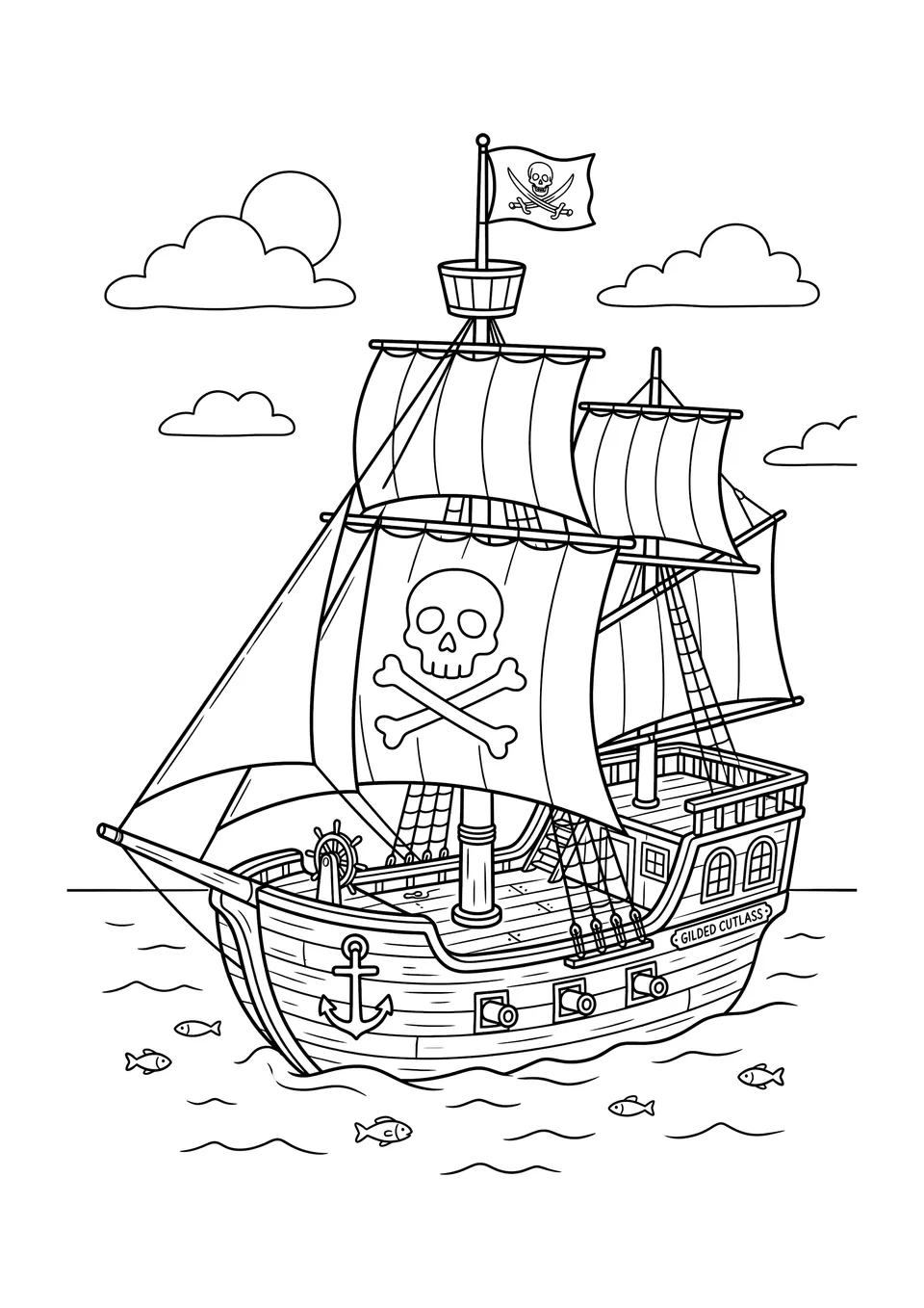 Um desenho nítido em preto e branco de um navio pirata navegando em um oceano calmo, feito para crianças colorirem.