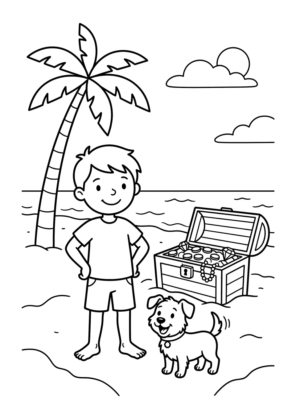 A simple black and white line art coloring page for kids showing a boy, a dog, and a treasure chest on a beach under a palm tree.