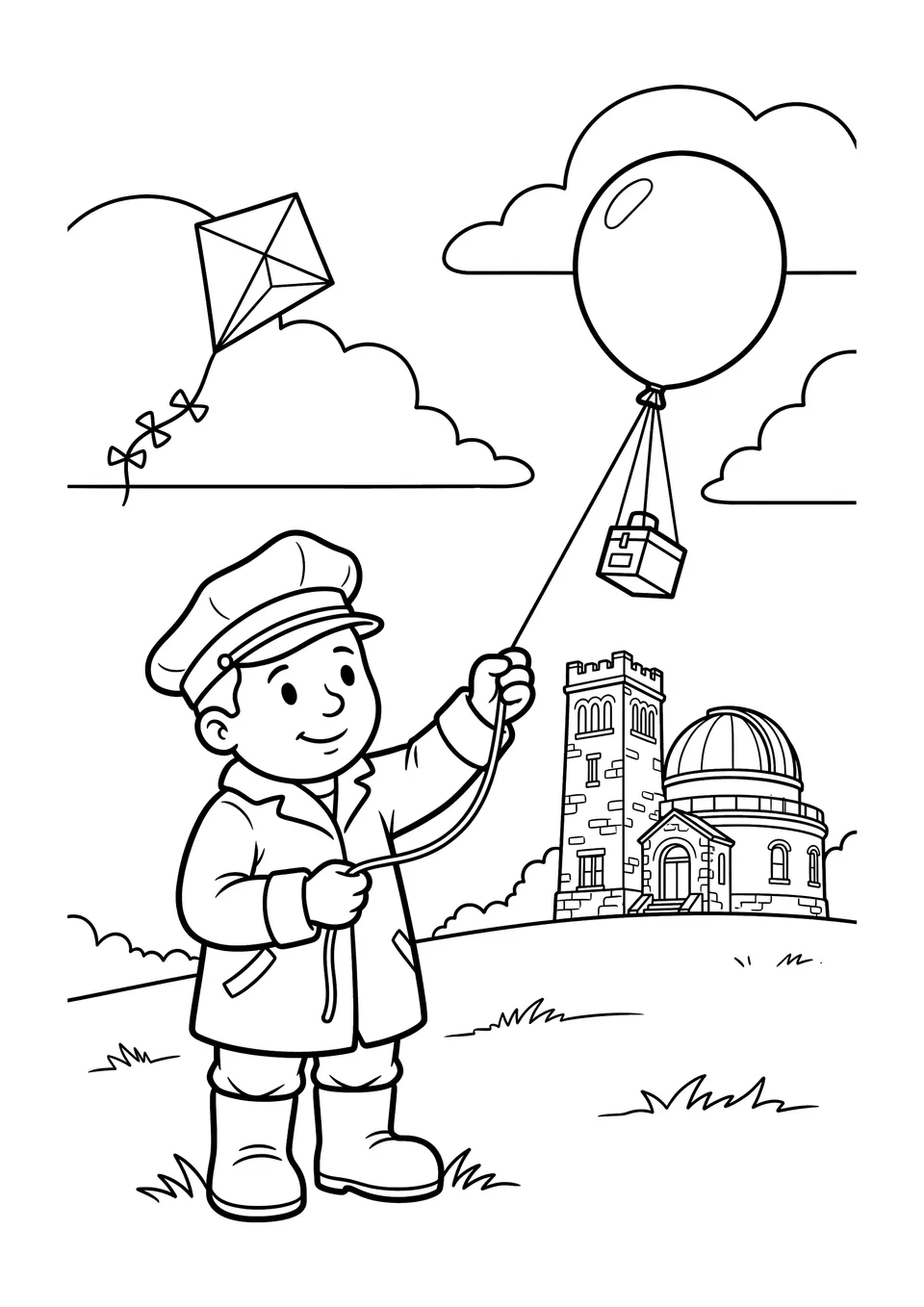 Black and white line art coloring page depicting a meteorologist character launching a weather balloon and box kite near an observatory.