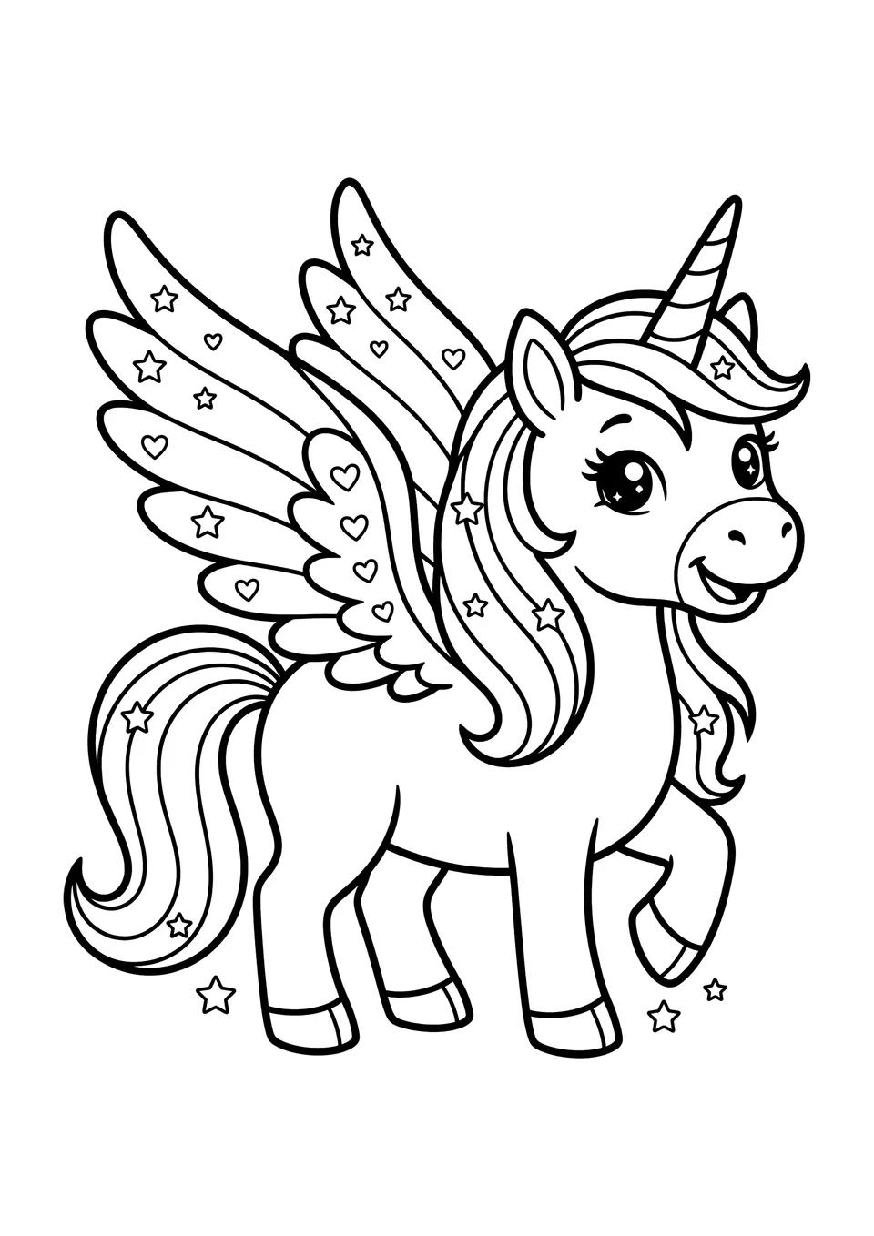 A cute printable coloring page of the unicorn with big wings, featuring clear black outlines and plenty of open space for kids to color.