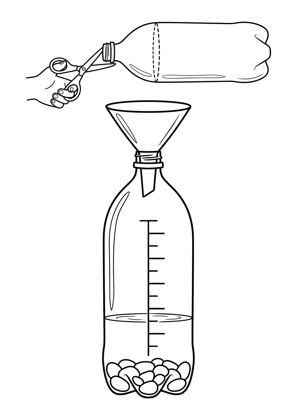 Ilustración de arte lineal en blanco y negro de un pluviómetro casero hecho con una botella de plástico reciclada y marcas de medición.