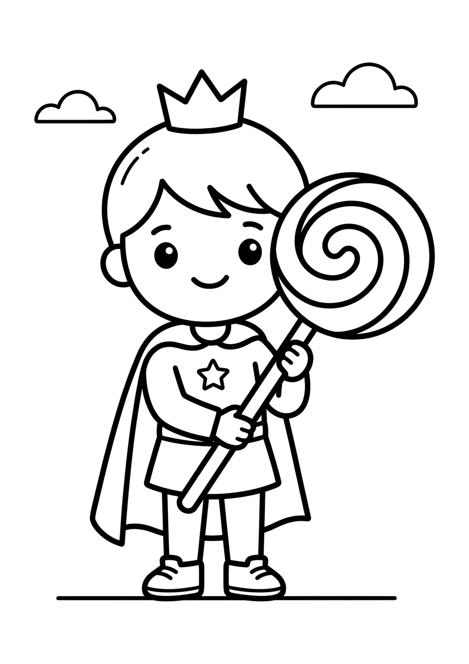 Desenho simples em preto e branco de um príncipe fofo em estilo kawaii usando coroa e segurando um pirulito gigante em espiral.