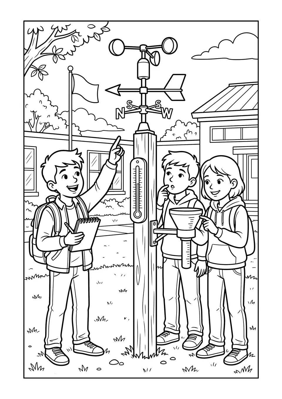 Black and white line art depicting students observing a rain gauge and anemometer at a school outdoor weather station.