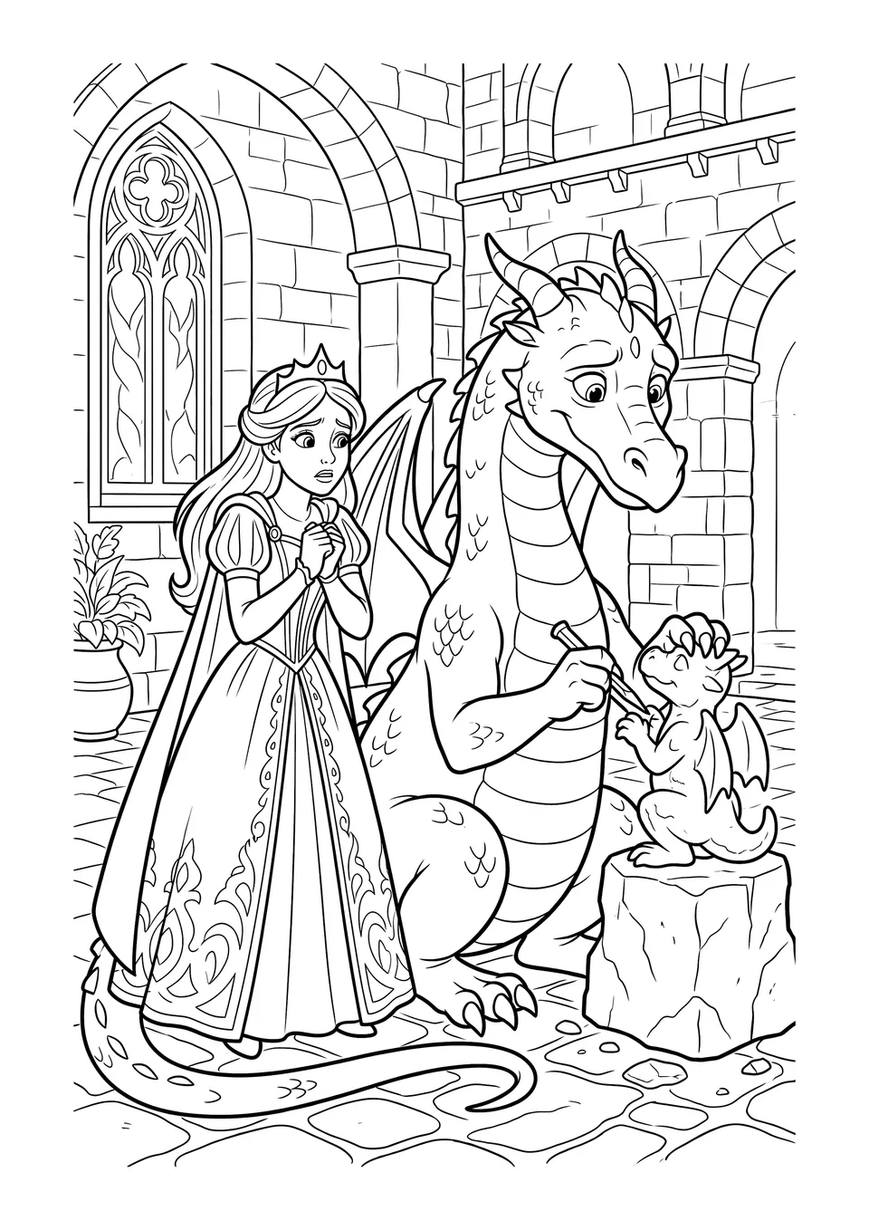 Desenho para colorir em traço preto e branco de uma princesa olhando com preocupação para um dragão esculpindo uma estátua de pedra.