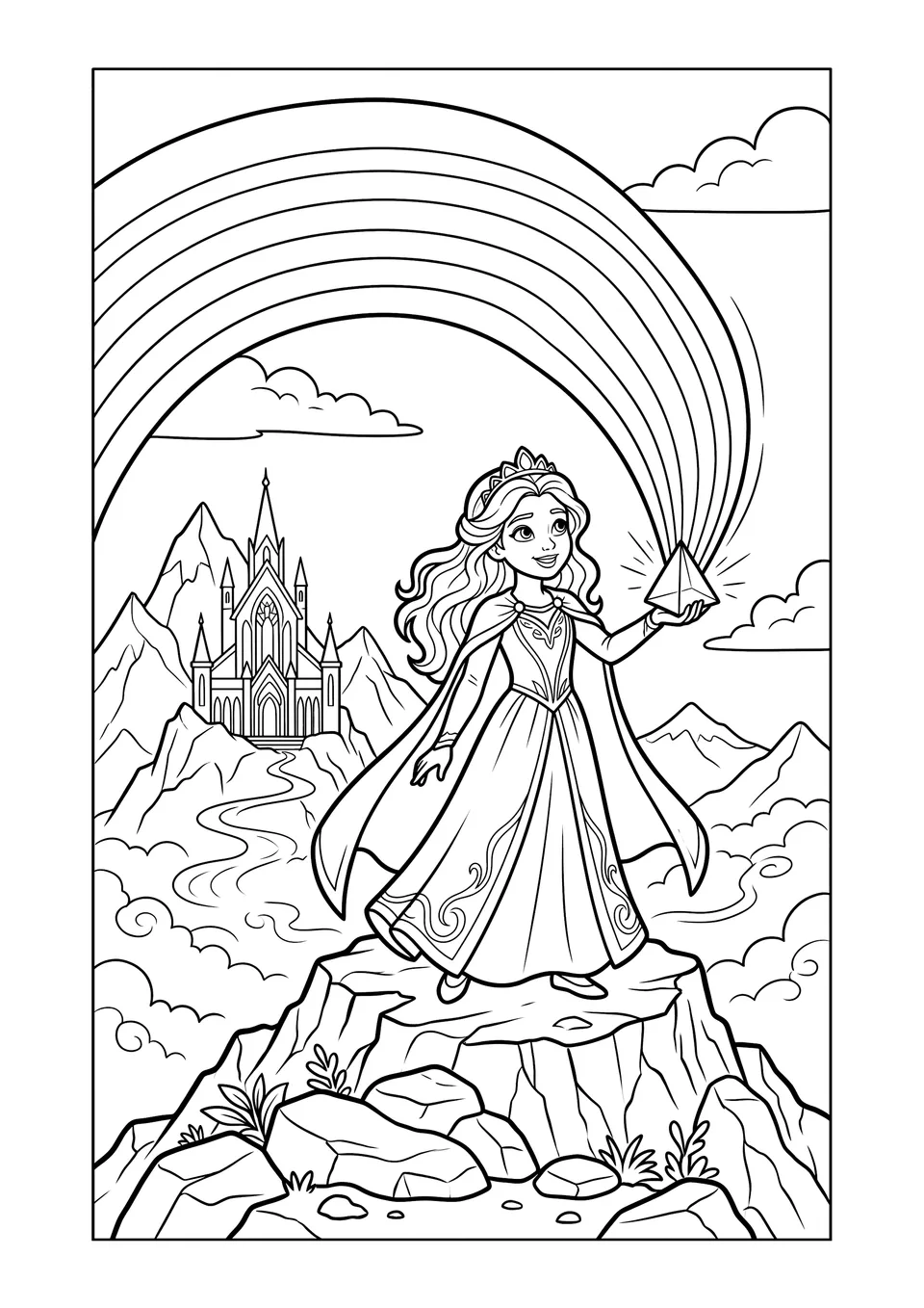 Desenho para colorir em preto e branco da Princesa Amara segurando um prisma no alto de uma montanha com um grande arco-íris no céu.