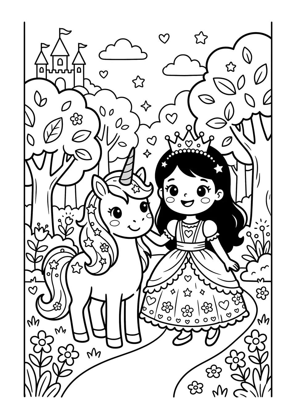 Um desenho simples em preto e branco para colorir infantil com uma linda princesa de coroa e um unicórnio feliz em uma floresta.