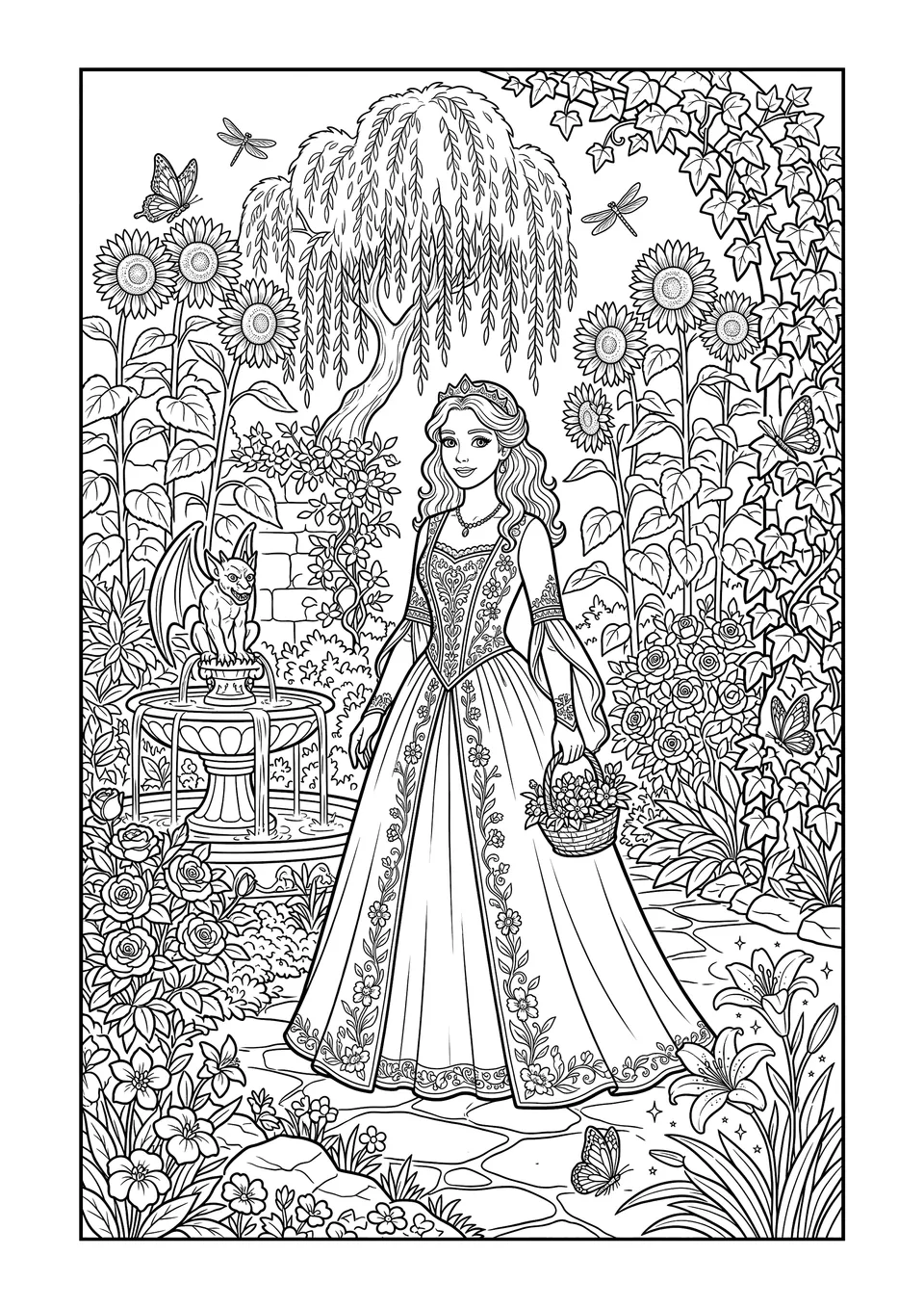 Ilustração detalhada em preto e branco de uma princesa em pé ao lado de uma fonte de pedra, em um jardim exuberante com girassóis, borboletas e videiras.