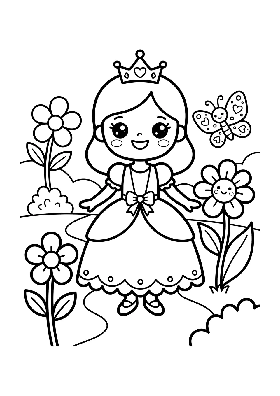 Um desenho simples em estilo kawaii para colorir, mostrando a Princesa Elara em traços grossos em um jardim com flores grandes de pétalas abertas.