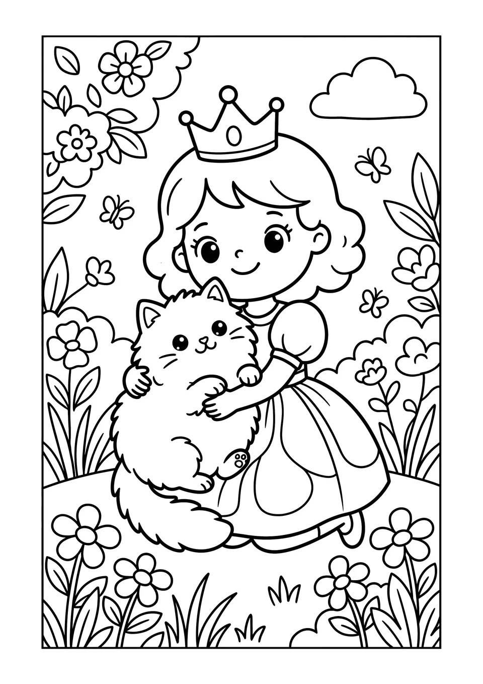 Desenho simples em preto e branco de uma linda princesa usando coroa e abraçando um gato fofinho.