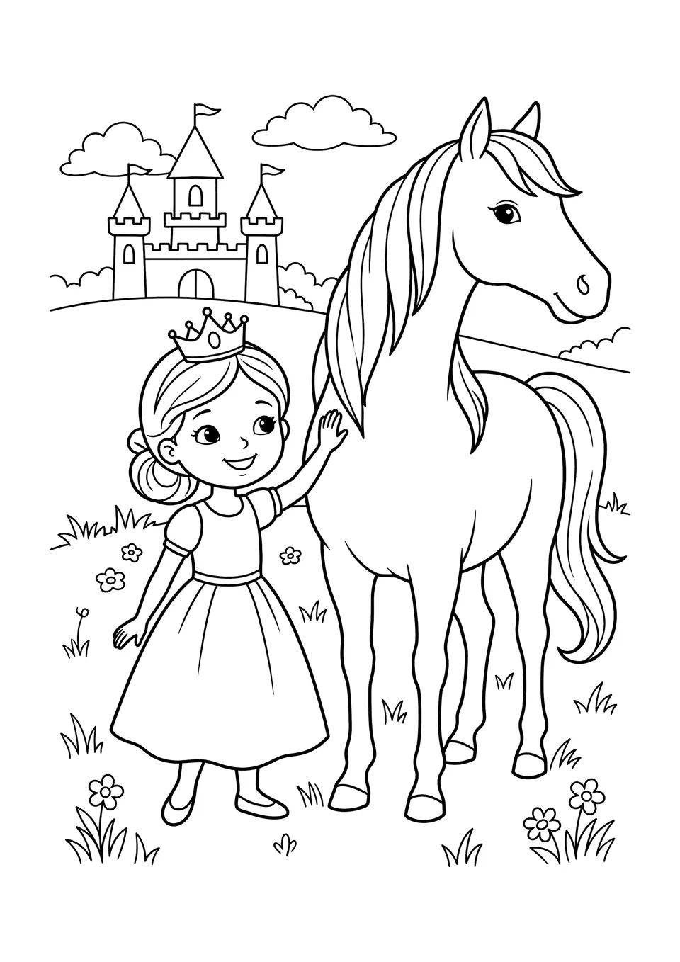 Desenho em preto e branco para colorir da Princesa Mia ao lado de seu cavalo Star perto de um castelo e de um campo de flores.