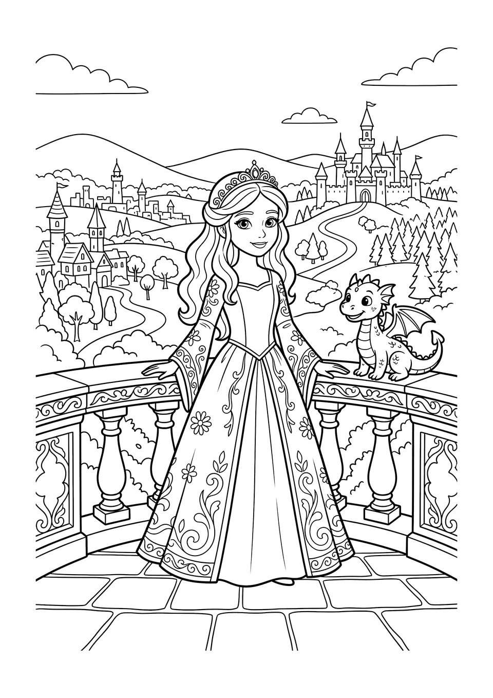 A black-and-white line art coloring page of a princess on a castle balcony with a small pet dragon.