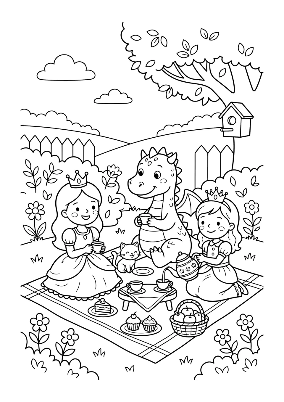 A simple black and white line art illustration of two princesses, a kitten, and a dragon enjoying a picnic tea party in a garden.