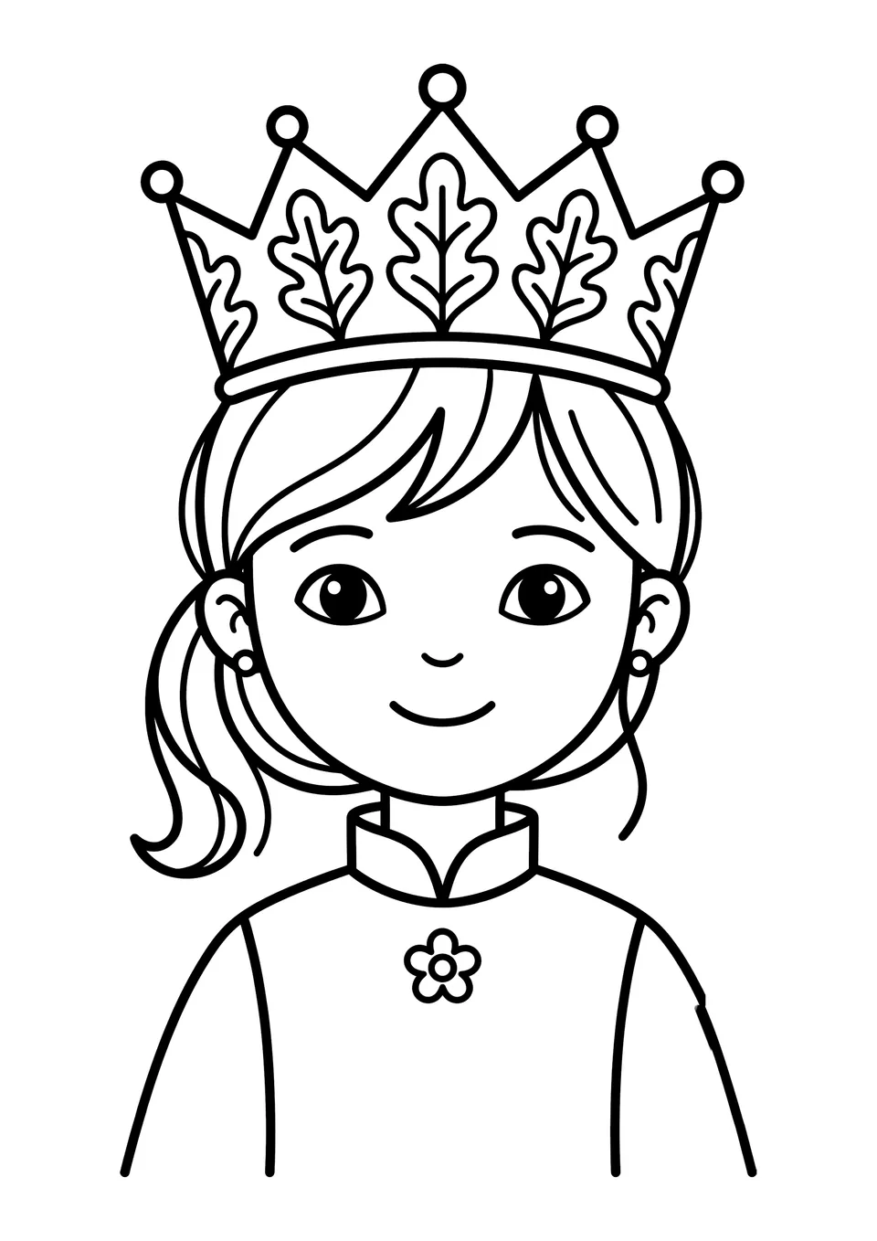 Um desenho simples em preto e branco com traços nítidos em close-up de uma linda princesa usando uma grande coroa com detalhes de folhas de carvalho.