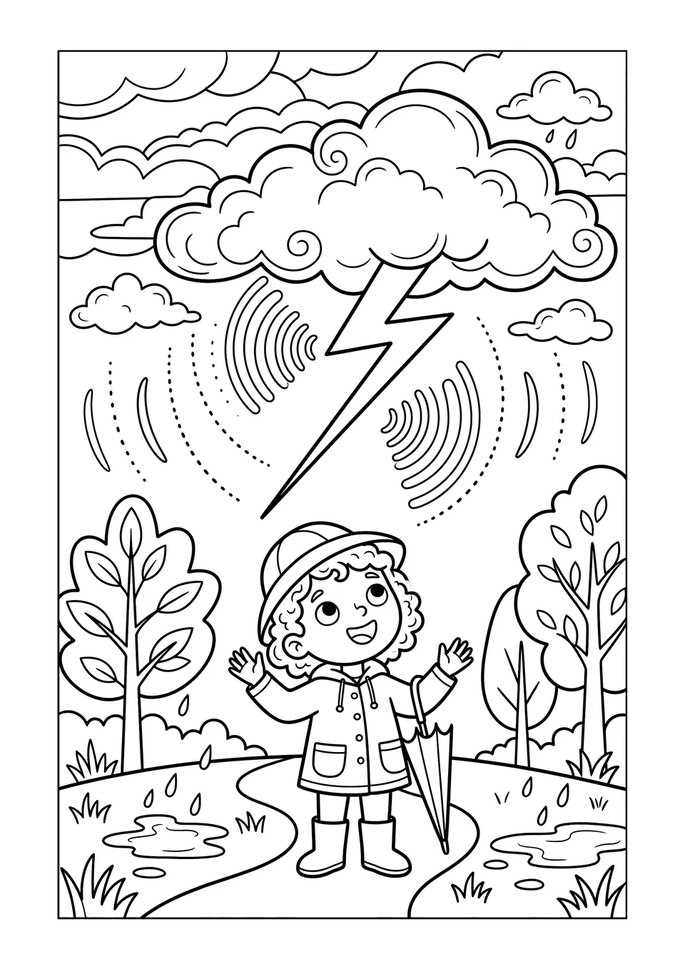 Black and white line art coloring page illustrating a lightning bolt flashing in a storm sky alongside sound wave lines representing thunder.